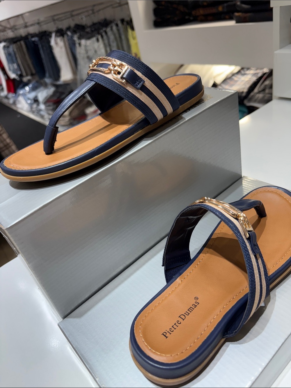 Pierre Dumas Navy and Tan Thong Sandals with Gold Chain Detail - Picture 5 of 5